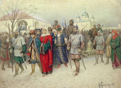 Aansluiting van Groot Novgorod, Novgoroders Vertrekken naar Moskou, 1880 door Aleksei Danilovich Kivshenko